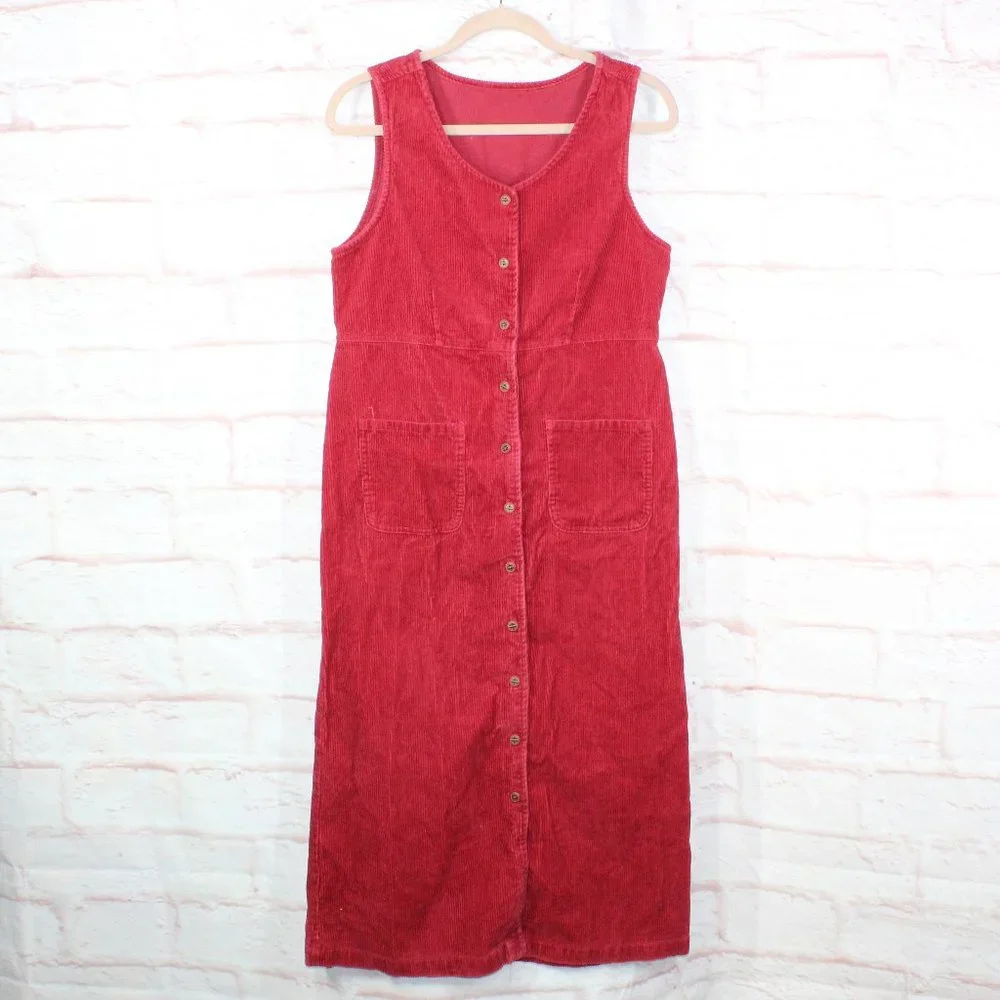 *Womens Red Cotton Sleeveless Button Front Corduroy Long Dress Size S - Picture 1 of 9